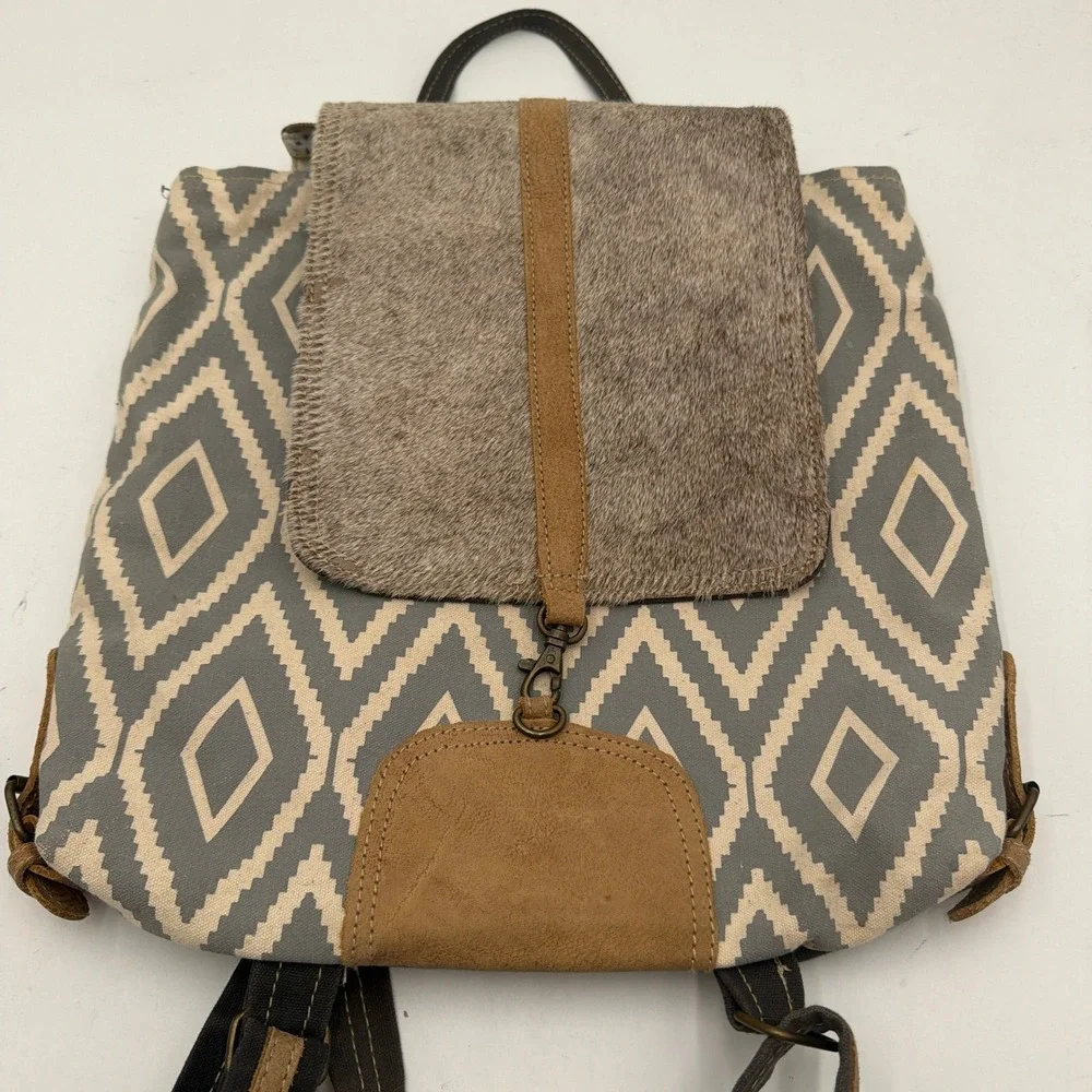 Myra Bag Backpack Artist's Impression Upcycled Canvas Leather Cowhide Gray OS
